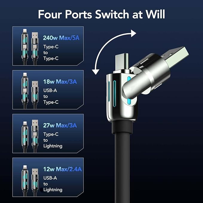 4-in-1 Multi USB Charging Cable – 240W Fast Charging Cord (USB-A & Type-C) for iPhone, iPad, Samsung, MacBook – 6.6Ft